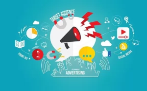 5 Lý Do Quảng Cáo Quan Trọng Với Doanh Nghiệp - Image illustrating the power of advertising with icons representing target audience, print ads, strategy, social media, and digital marketing.